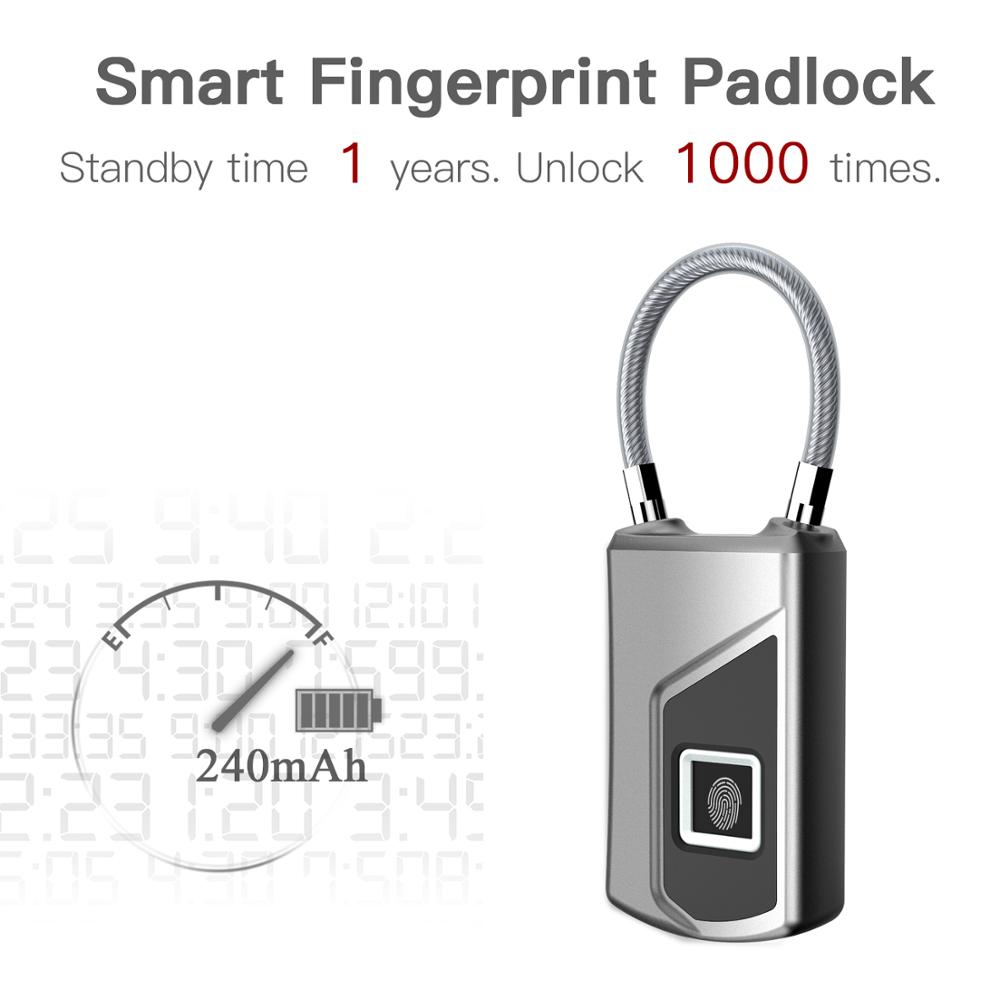 Rechargeable Smart Lock Keyless Fingerprint Lock IP66 Waterproof Anti-Theft Security Padlock Door Luggage Case Lock