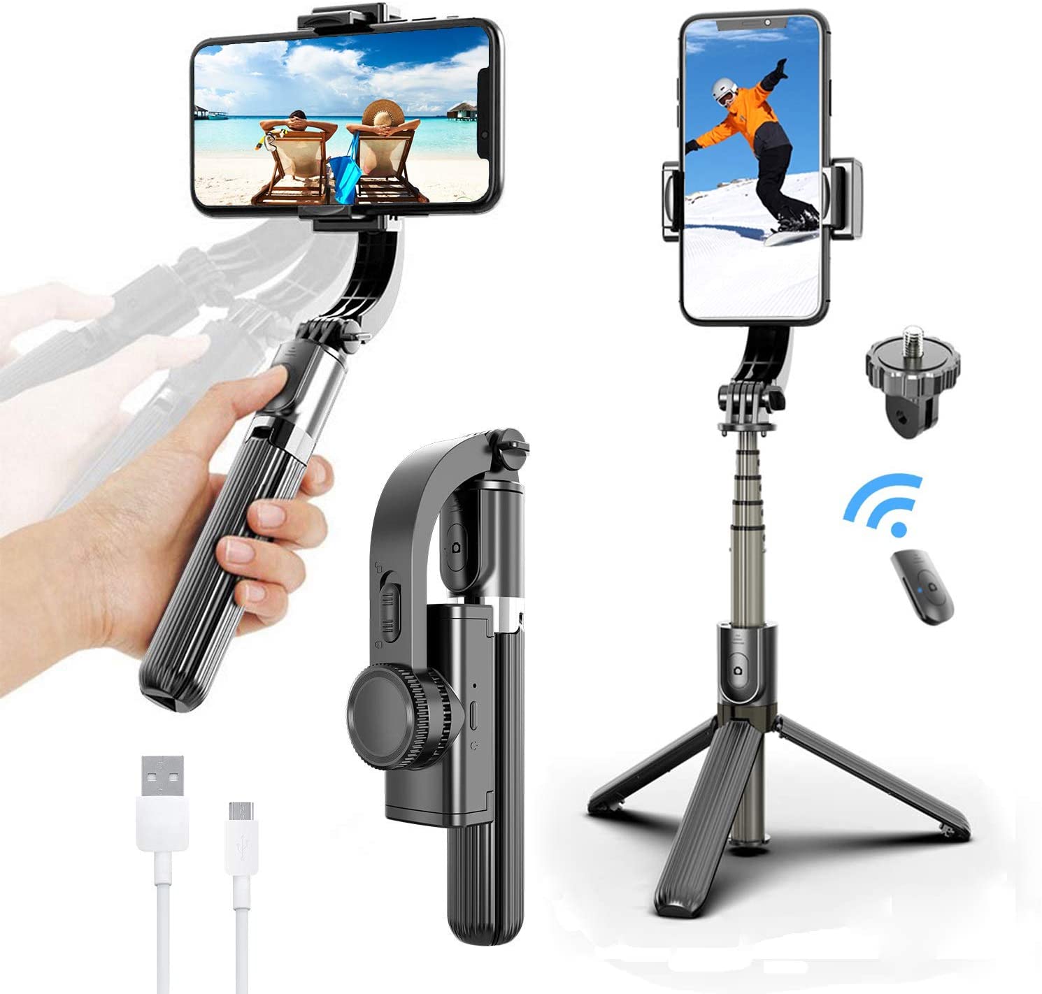 Gimbal Stabilizer, 360 Rotation Selfie Stick Tripod with Bluetooth Wireless Remote, Portable Phone Holder, Auto Balance