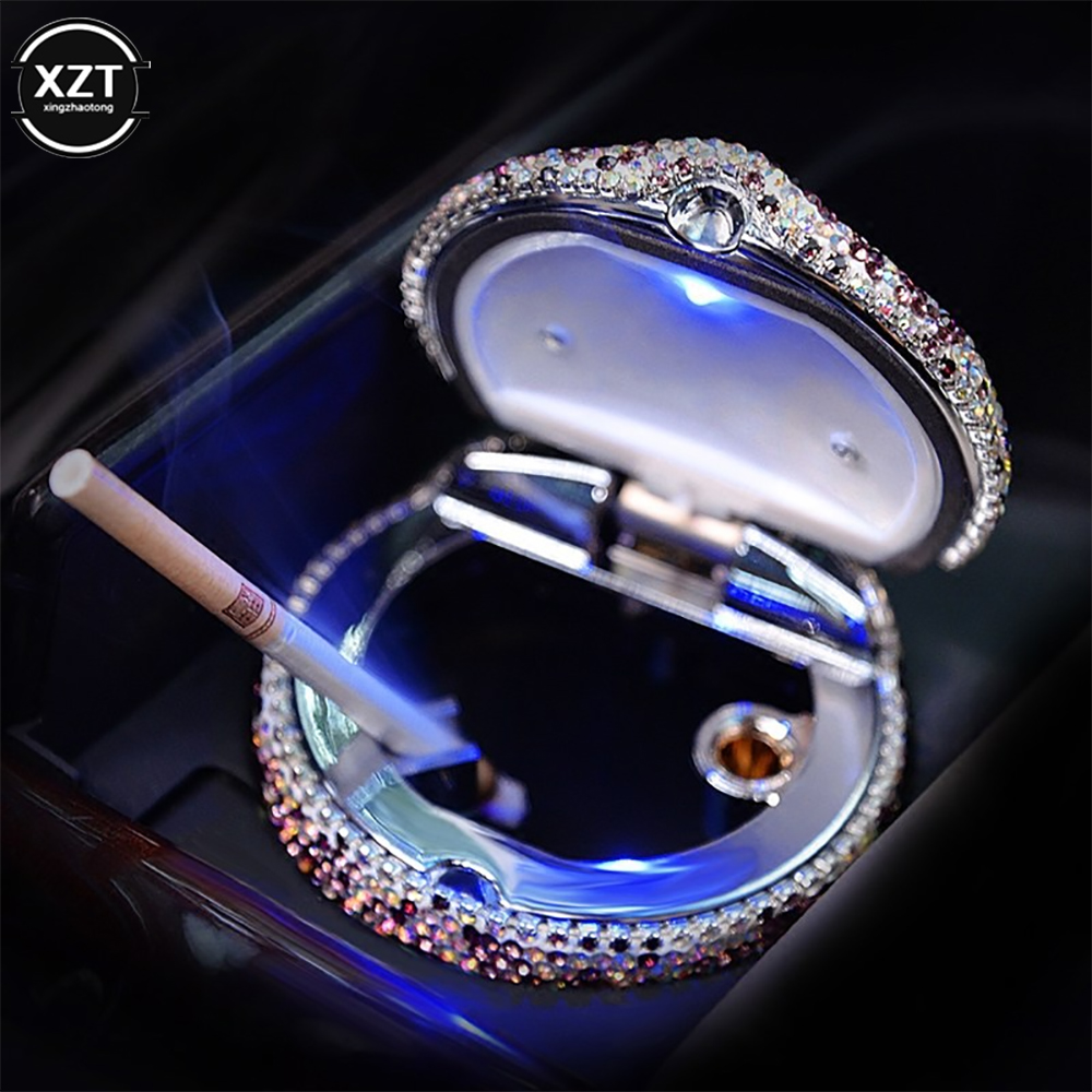 Rhinestone Portable Car Ashtray with Led Light Crystal Diamond Car Ash Tray Ashtray Storage Cup Holder for Girls Car Accessories