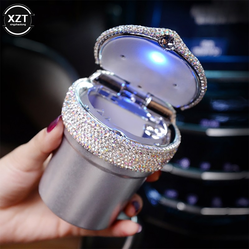 Rhinestone Portable Car Ashtray with Led Light Crystal Diamond Car Ash Tray Ashtray Storage Cup Holder for Girls Car Accessories