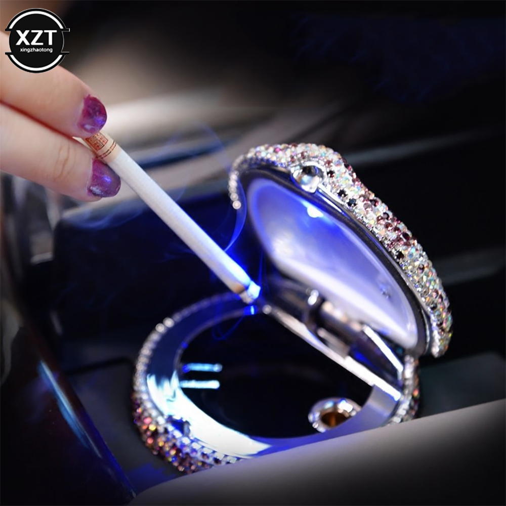 Rhinestone Portable Car Ashtray with Led Light Crystal Diamond Car Ash Tray Ashtray Storage Cup Holder for Girls Car Accessories