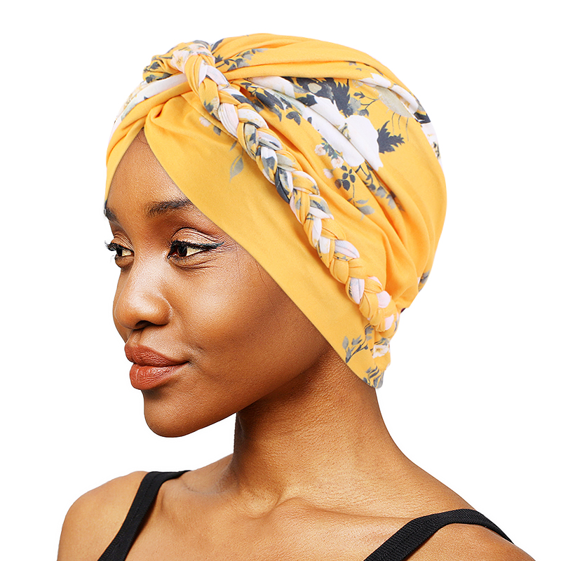 Muslim Braided Floral Print Turban For Women Bohemian Style Stretchy Hijabs Islamic Head Wrap Femme Bandana Hair Accessories