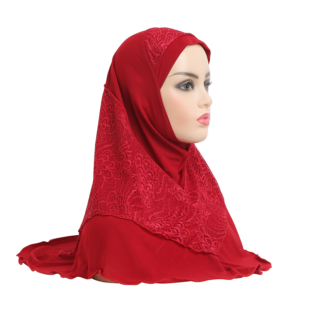 Women's Headband High Quality Medium Size Muslim Hijab With Lace Pull On Islam Scarf Headwrap