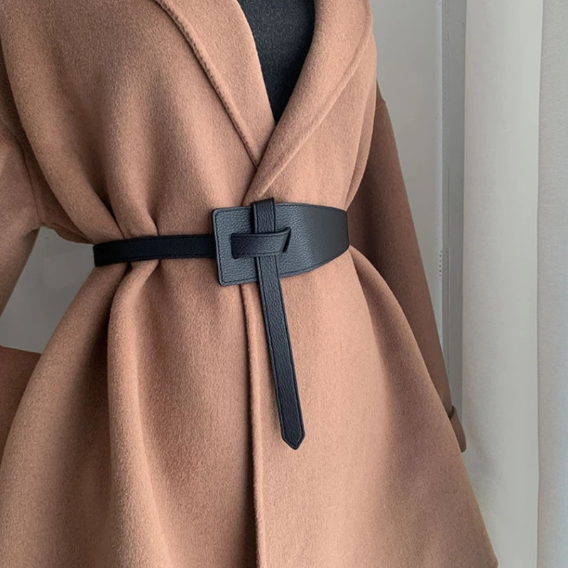 Fashion Women Belt Without Buckle Luxury Pu Leather Waistband for Coat Dress Knotted Slim Strap Waist Belt