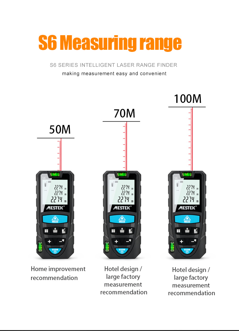 S6 Laser Distance Meter 50m/70m/100m Laser Rangefinder Bright HD large screen Data records Rangefinder