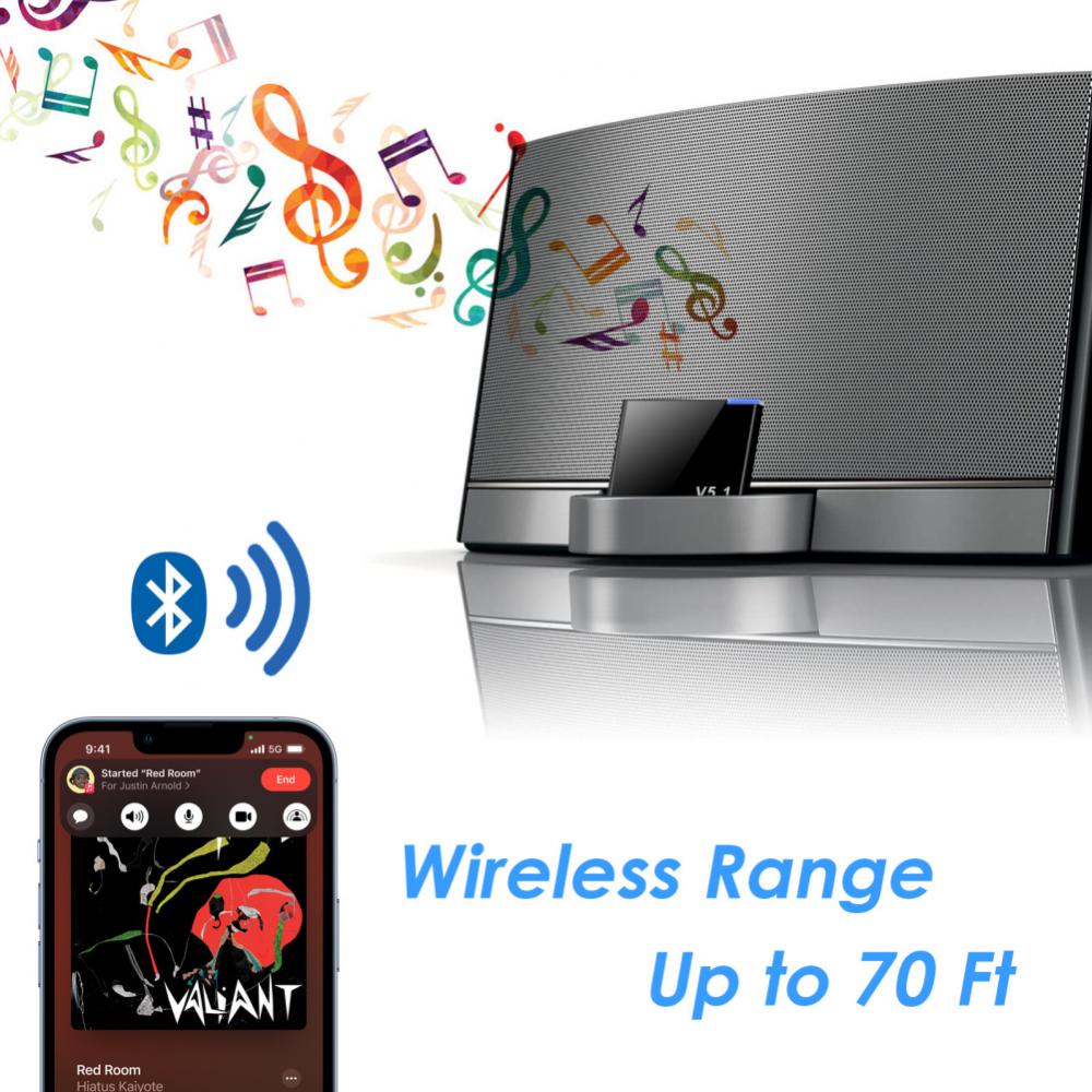 Bluetooth 5.1 Audio Receiver 30 Pin Music Mini Wireless Adapter Transmitter With Mic For IPhone IPod 30Pin Jack Analog Speaker