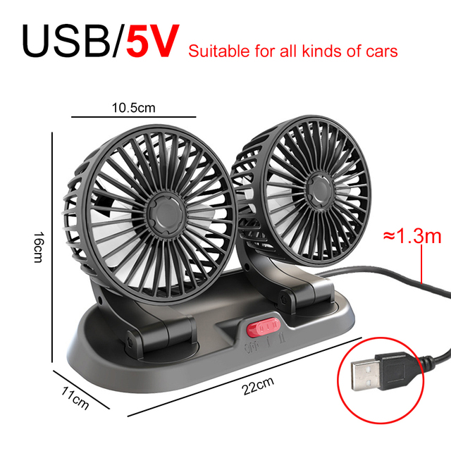 Car Fan Electric Car Cooling Fan Dual Head USB PoweredRotatable Cooler Low Noise Adjustable Auto Vehicle Fan