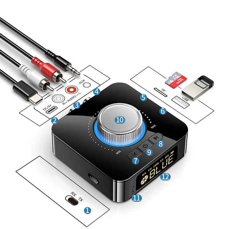 Bluetooth Receiver Transmitter LED BT 5.0 Stereo AUX 3.5mm Jack RCA Handsfree Call TF U-Disk TV Car Kit Wireless Audio Adapter