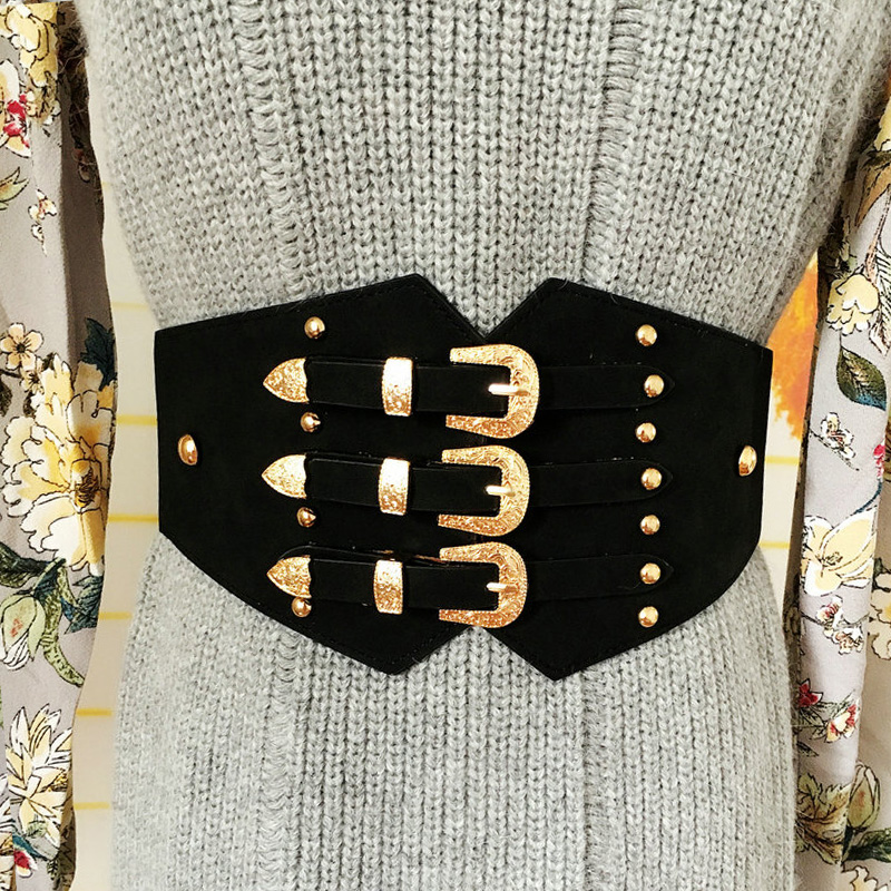 New Fashion Vintage metal Double Clasp Women Belt Buckle PU Girdle Waistband Vintage Wide elastic Belt Girdle Cinturones Mujer