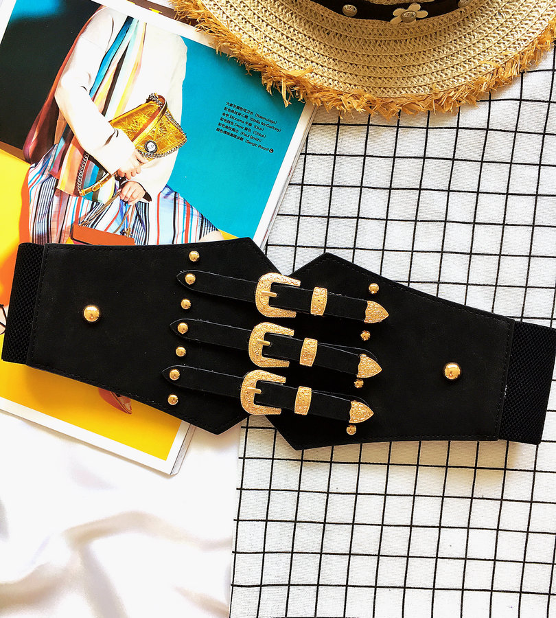 New Fashion Vintage metal Double Clasp Women Belt Buckle PU Girdle Waistband Vintage Wide elastic Belt Girdle Cinturones Mujer