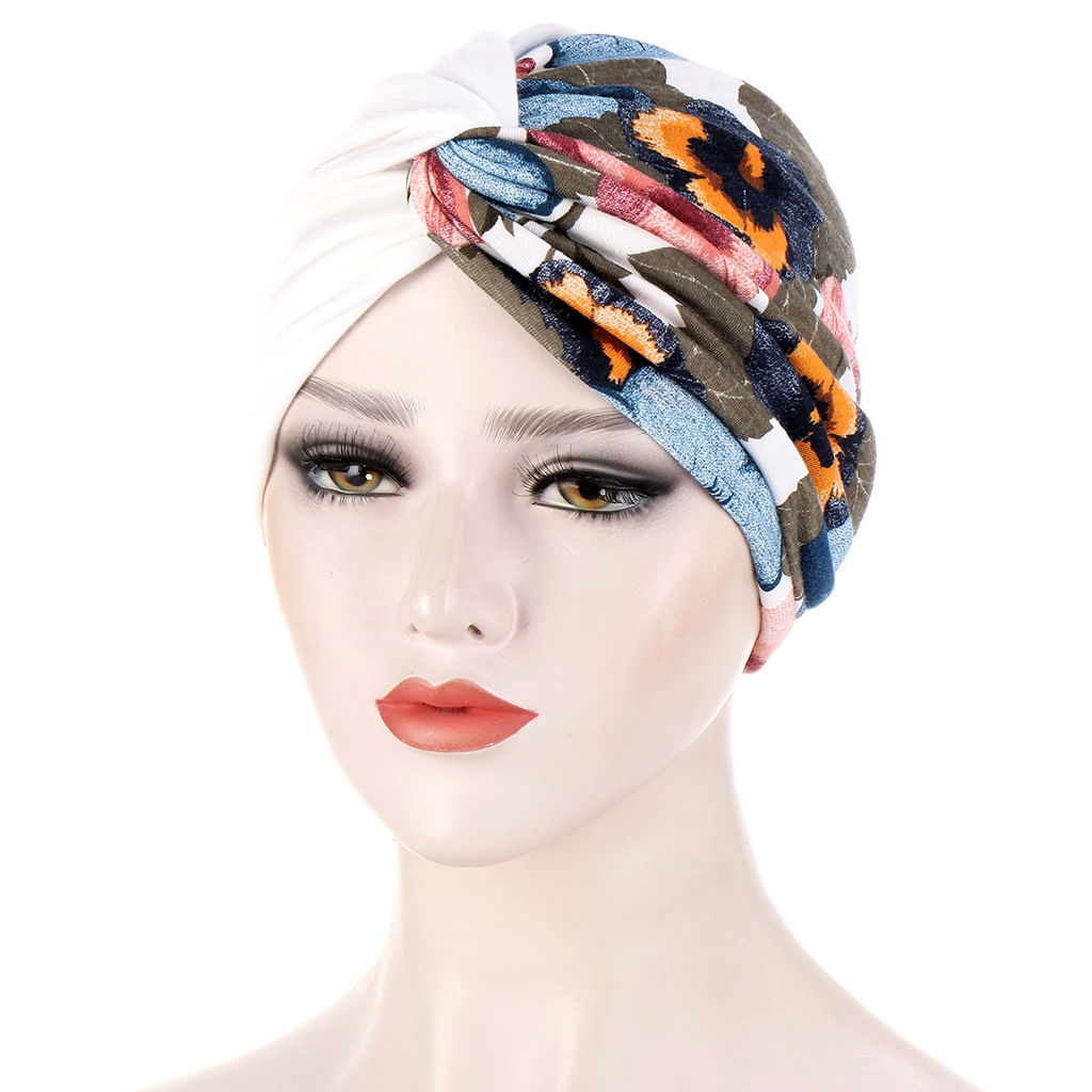 Women Muslim double-layer two-color stitching floral cloth twist turban cap Baotou cap turban cap