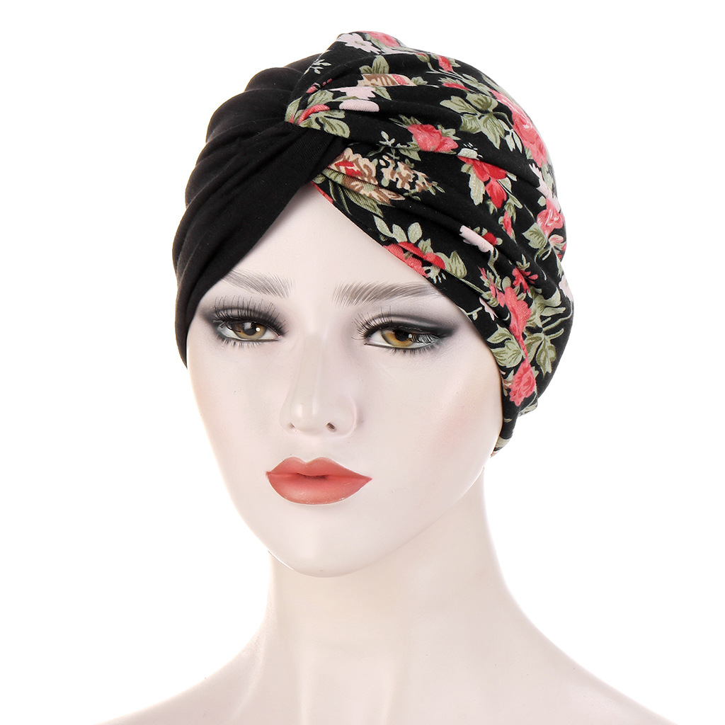 Women Muslim double-layer two-color stitching floral cloth twist turban cap Baotou cap turban cap