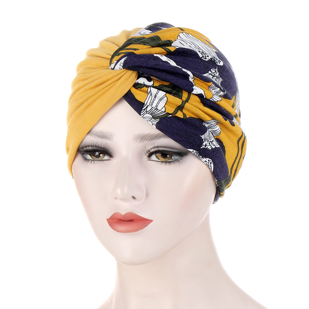 Women Muslim double-layer two-color stitching floral cloth twist turban cap Baotou cap turban cap