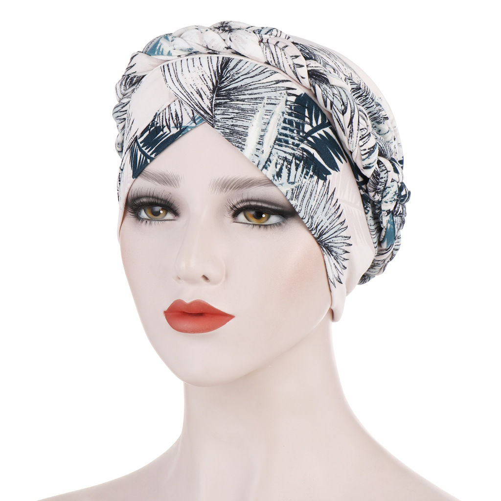Women Muslim print leopard print brushed milk silk hijab hat flower cloth short braided head cap