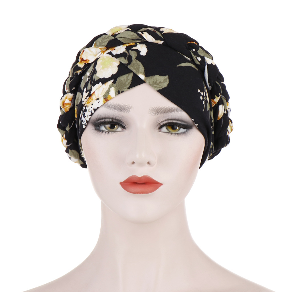 Women Muslim print leopard print brushed milk silk hijab hat flower cloth short braided head cap