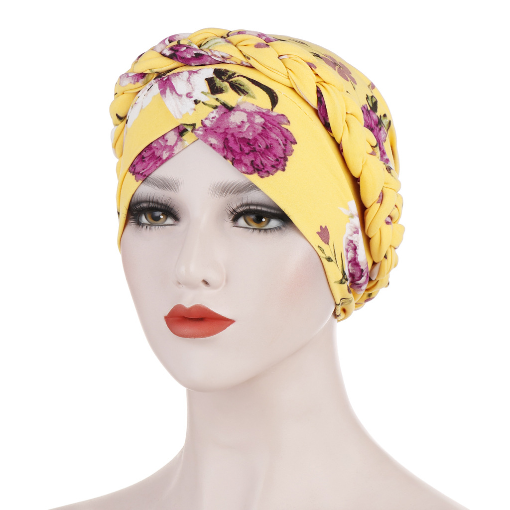 Women Muslim print leopard print brushed milk silk hijab hat flower cloth short braided head cap