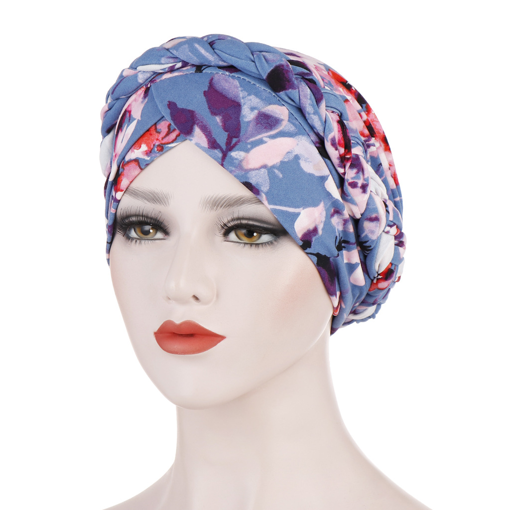 Women Muslim print leopard print brushed milk silk hijab hat flower cloth short braided head cap