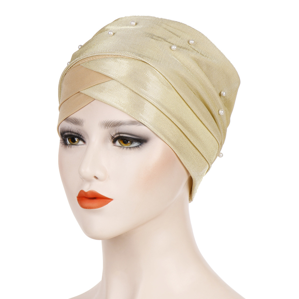 Women Muslim two-color beaded head scarf hat bright silk cloth beaded head cap