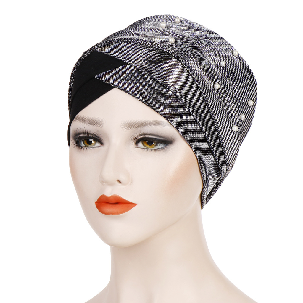 Women Muslim two-color beaded head scarf hat bright silk cloth beaded head cap
