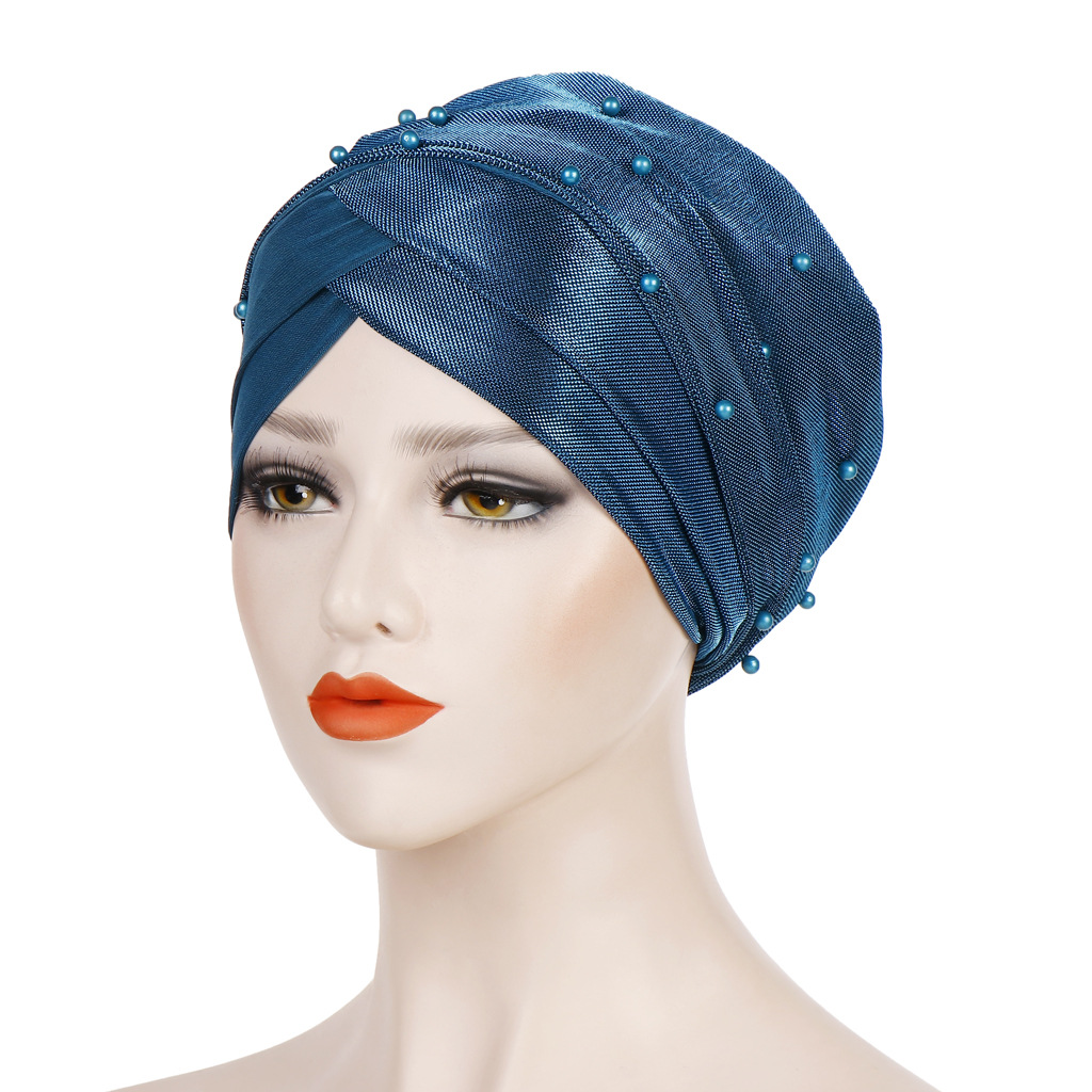 Women Muslim two-color beaded head scarf hat bright silk cloth beaded head cap