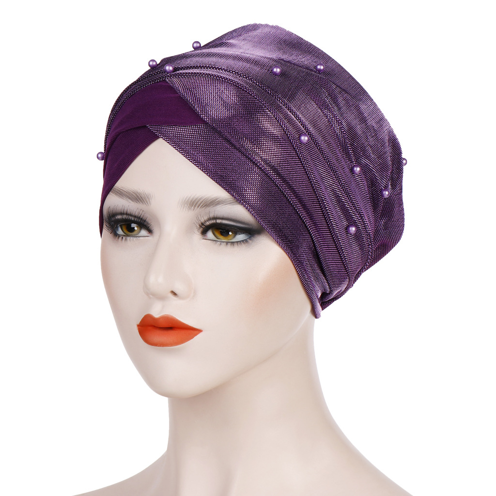 Women Muslim two-color beaded head scarf hat bright silk cloth beaded head cap