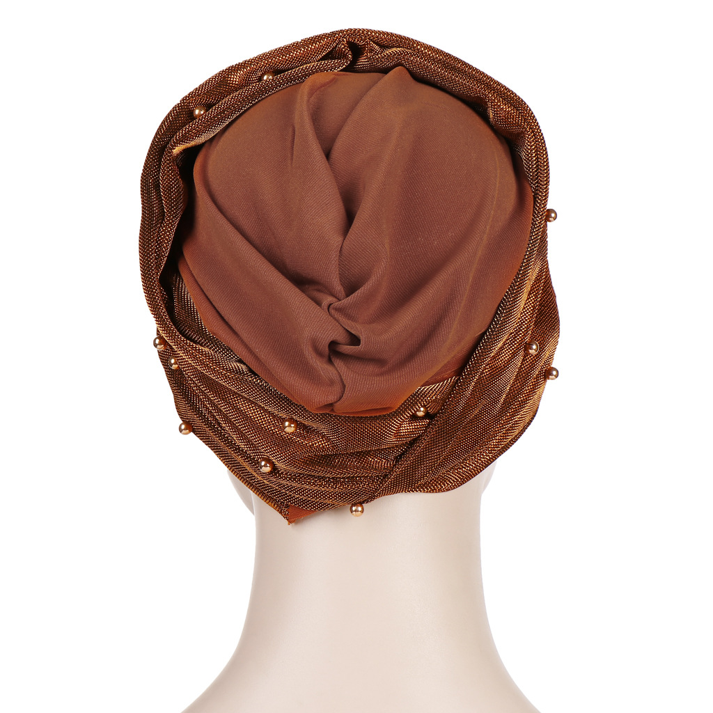 Women Muslim two-color beaded head scarf hat bright silk cloth beaded head cap