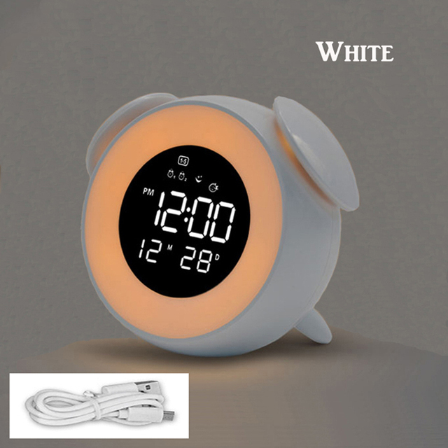 Bedside Sunrise Sunset Wake Up Light Digital Led Music Alarm Clock Bedroom Desk Calendar Snooze Clock Table Phone Charger