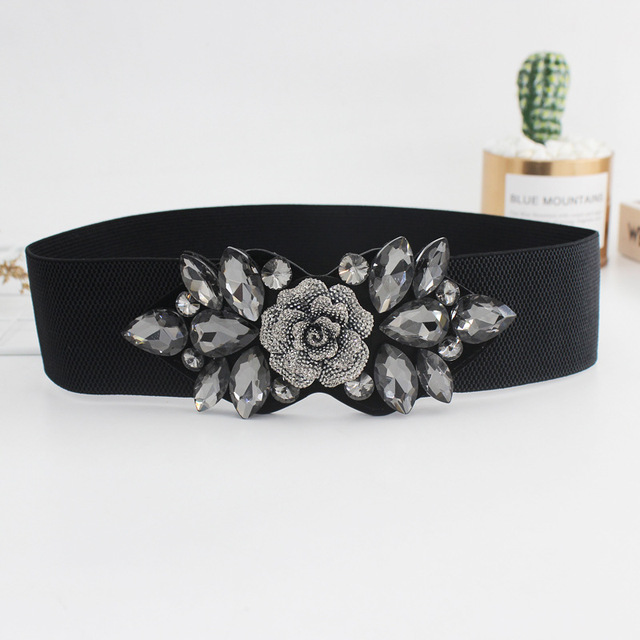 Female Rose Flower Rhinestone Elastic Waistband Tight Black Belt for Women Waist Cinch Band Dress Overcoat Clothing Accessories