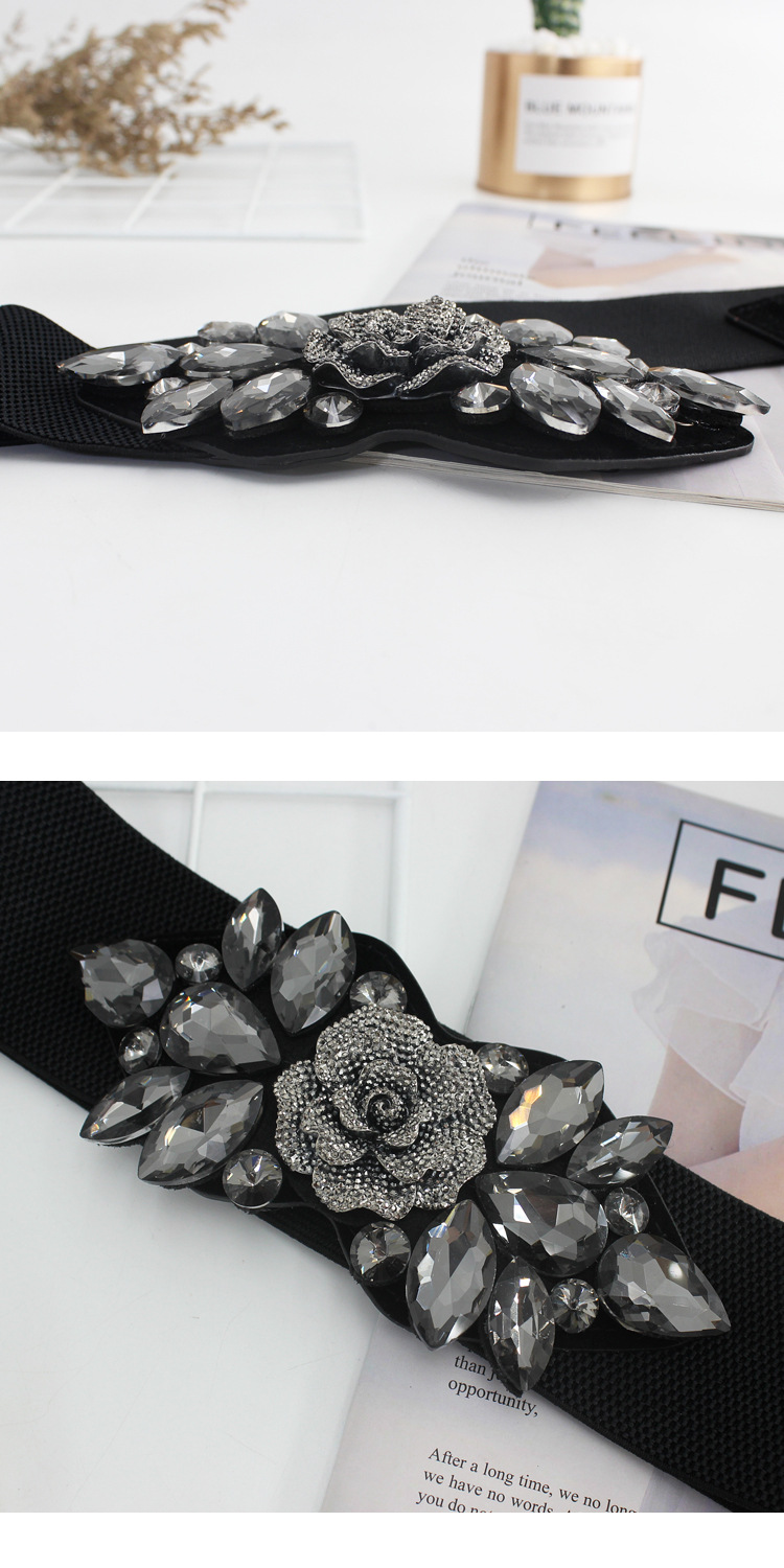 Female Rose Flower Rhinestone Elastic Waistband Tight Black Belt for Women Waist Cinch Band Dress Overcoat Clothing Accessories