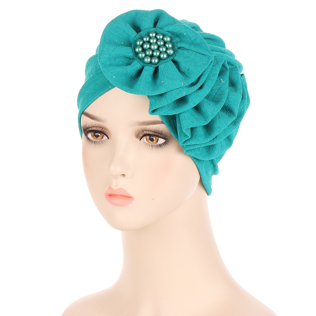 Women Muslim four seasons multi-color flowers sprinkle gold wrinkled long strip unilateral applique turban cap fashion street shooting small cap