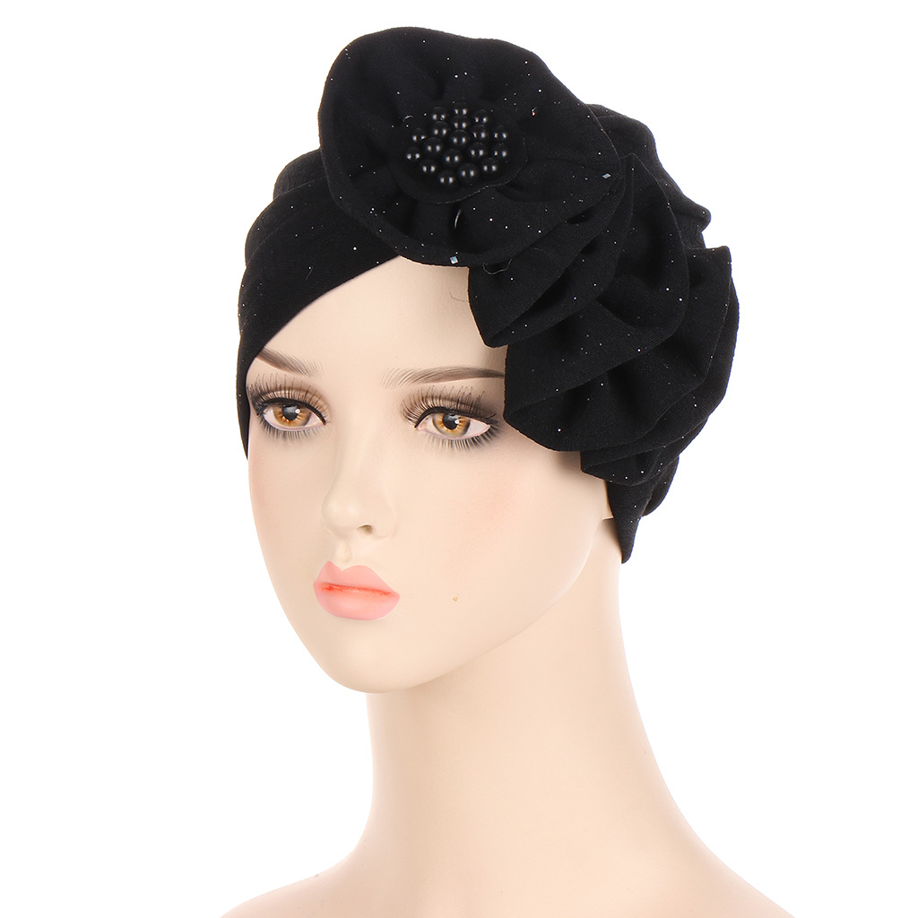 Women Muslim four seasons multi-color flowers sprinkle gold wrinkled long strip unilateral applique turban cap fashion street shooting small cap