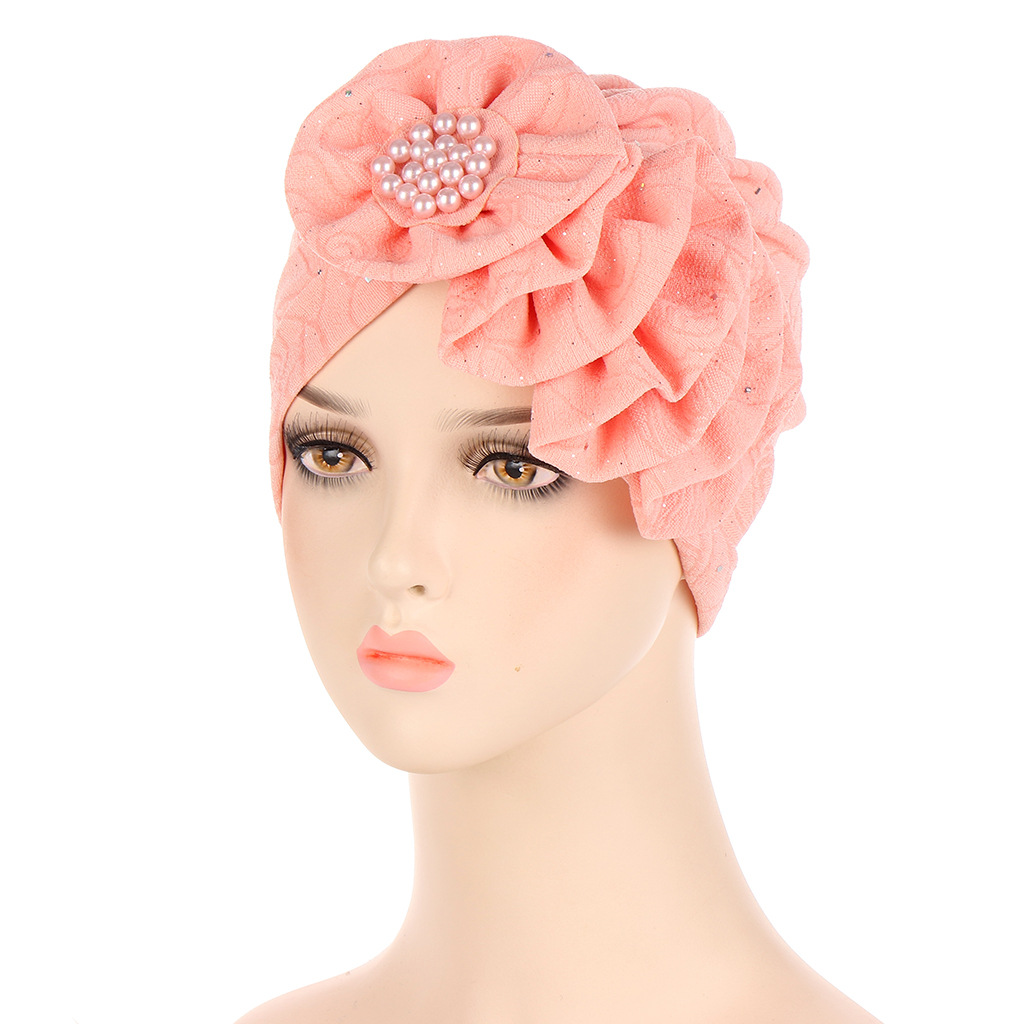 Women Muslim four seasons multi-color flowers sprinkle gold wrinkled long strip unilateral applique turban cap fashion street shooting small cap
