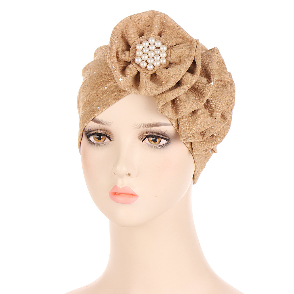 Women Muslim four seasons multi-color flowers sprinkle gold wrinkled long strip unilateral applique turban cap fashion street shooting small cap