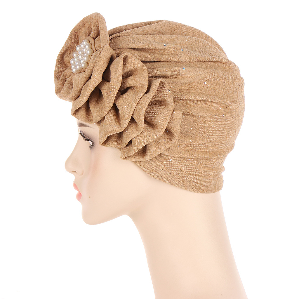 Women Muslim four seasons multi-color flowers sprinkle gold wrinkled long strip unilateral applique turban cap fashion street shooting small cap