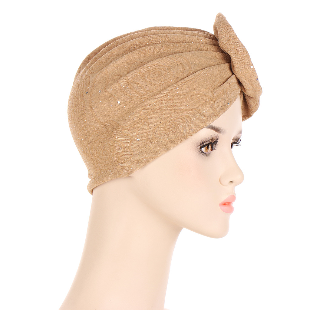 Women Muslim four seasons multi-color flowers sprinkle gold wrinkled long strip unilateral applique turban cap fashion street shooting small cap