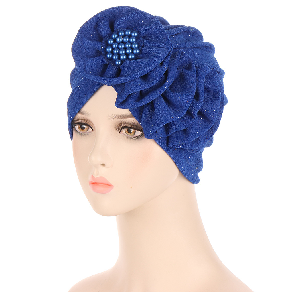 Women Muslim four seasons multi-color flowers sprinkle gold wrinkled long strip unilateral applique turban cap fashion street shooting small cap