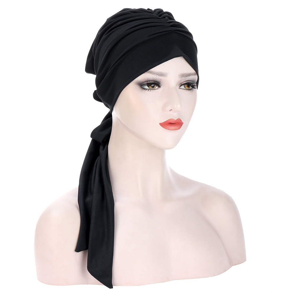 Women Muslim Solid Color Crystal Linen Long Tail Bow Turban Hat Multicolor Hat