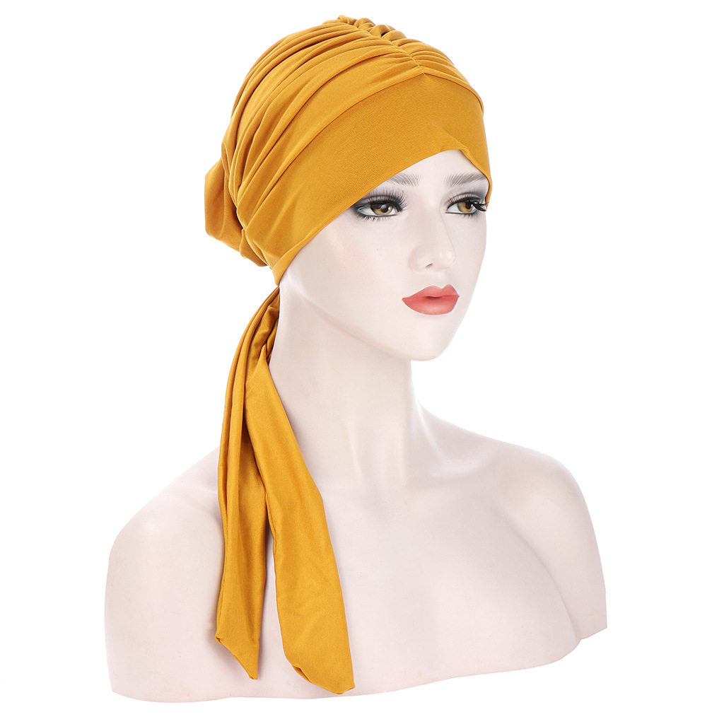 Women Muslim Solid Color Crystal Linen Long Tail Bow Turban Hat Multicolor Hat