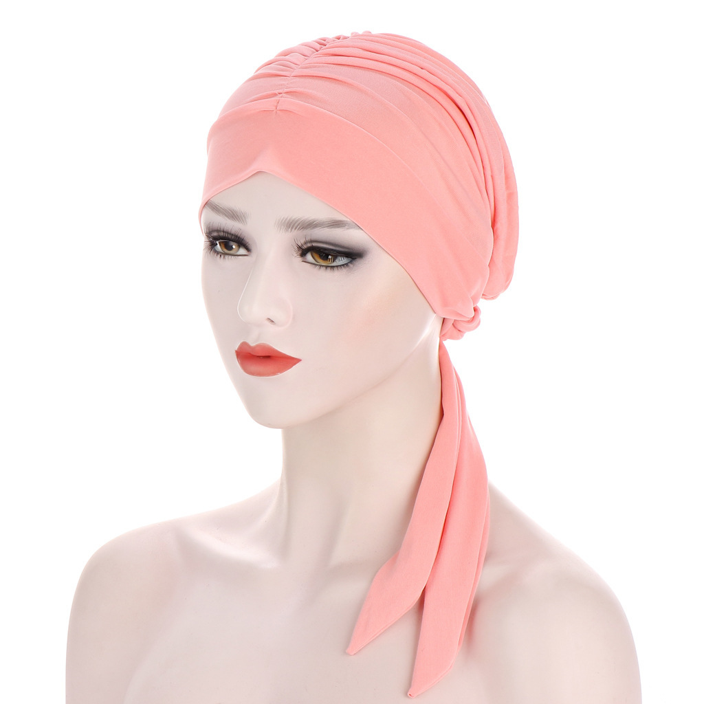 Women Muslim Solid Color Crystal Linen Long Tail Bow Turban Hat Multicolor Hat