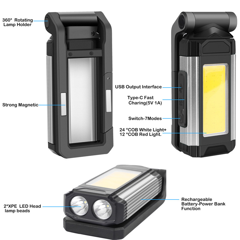 1PC COB Work Light USB Rechargeable LED Flashlight Portable Lantern Camping Light with Magnet Type C Cable Power Bank Function Lamp