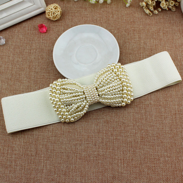 Pearl Girdle For Women Dress Decorative Belts Sweet Ladies Elastic Girdle Bow Wide Waistband Luxury Brand Design