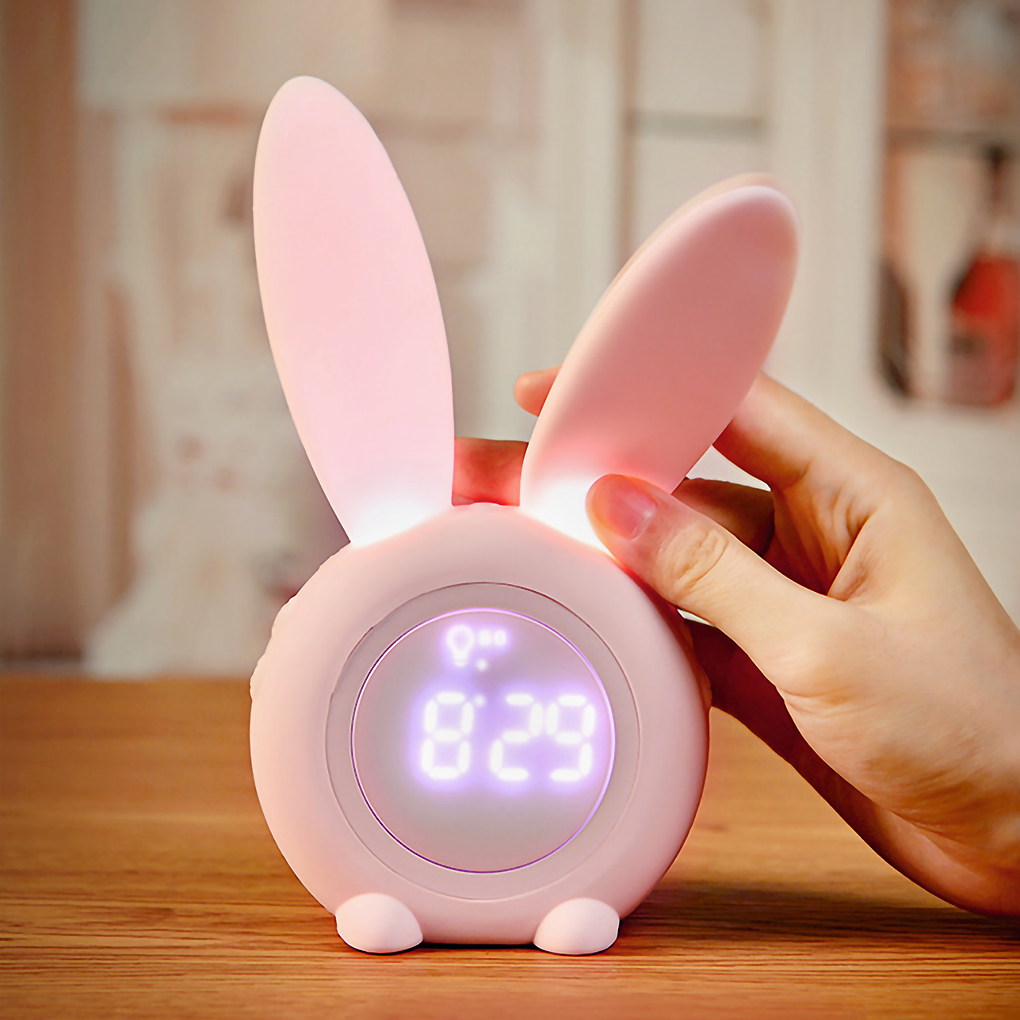 Cartoon LED Digital Alarm Clock Electronic LED Display Sound Control  Rabbit Night Lamp Desk Rechargeable Clock