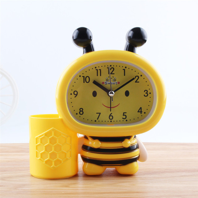 Bee Pen Holder Small Alarm Clock Watch Table 1*AA Powered Clocks Table Decor