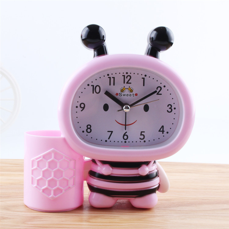 Bee Pen Holder Small Alarm Clock Watch Table 1*AA Powered Clocks Table Decor