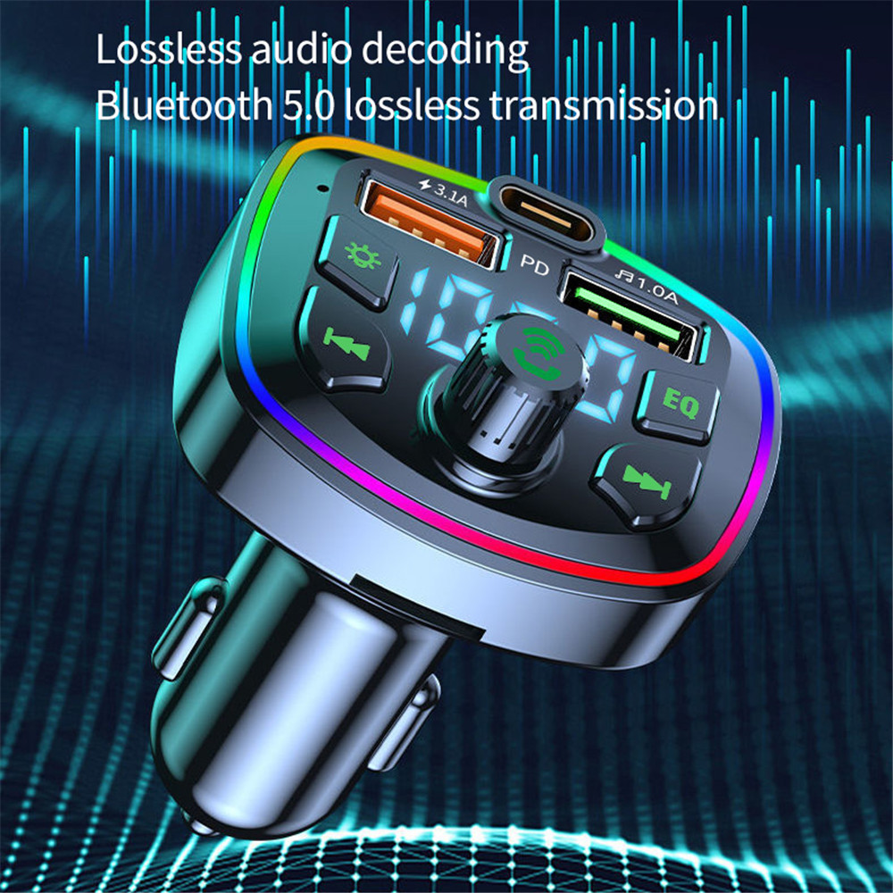 Car Bluetooth Cigar Lighter Radio FM Transmitter PD 18W Type-C Dual USB 4.2A Colorful Ambient Light Charger MP3 Music Player