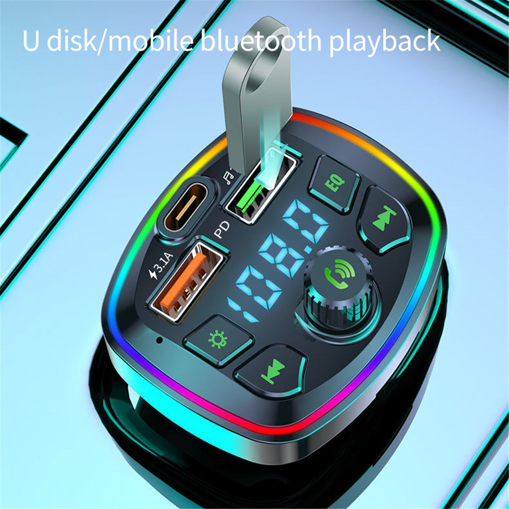 Car Bluetooth Cigar Lighter Radio FM Transmitter PD 18W Type-C Dual USB 4.2A Colorful Ambient Light Charger MP3 Music Player