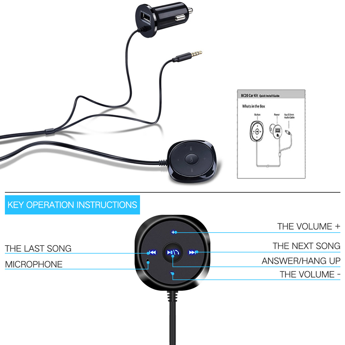 Car Bluetooth FM Transmitter AUX Automobile Hands-free Audio Receiver Car Kit BC20 Music Player