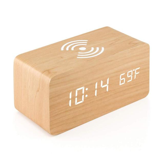 Alarm Clock LED Digital Wooden USB/AAA Powered Table Watch With Temperature Humidity Wireless Charging Electronic Desk Clocks