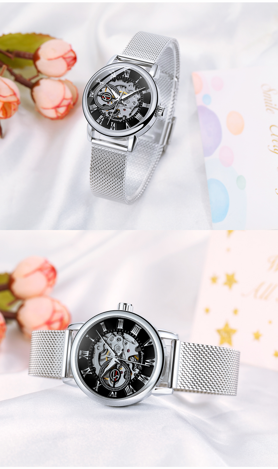Fashion Woman Watch Mechanical Automatic Movement Wristwatch Mesh strap Band Female Mechanical Watch