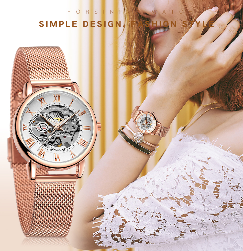 Fashion Woman Watch Mechanical Automatic Movement Wristwatch Mesh strap Band Female Mechanical Watch